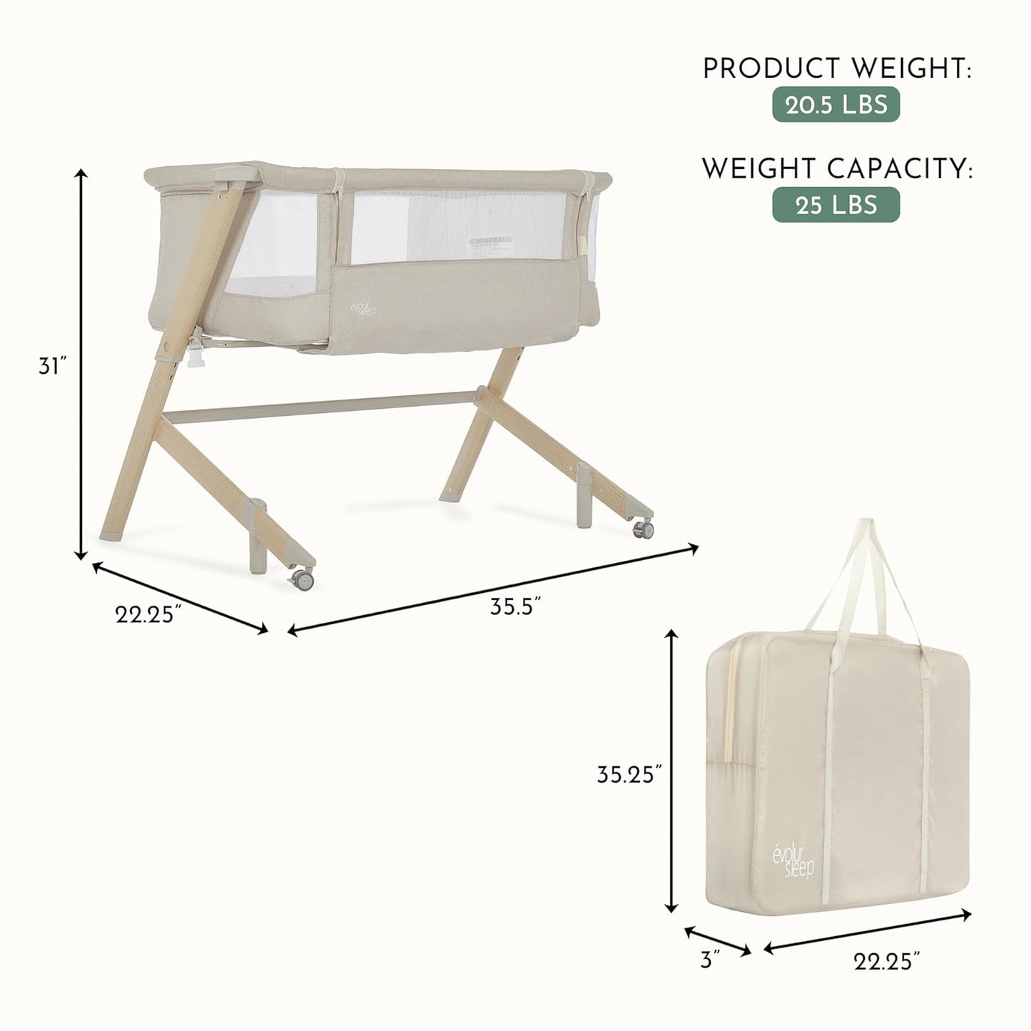 Evolur Stellar Bassinet & Bedside Sleeper – Adjustable Height Bedside Crib for Newborns, Breathable Mesh Sides, Portable Co-Sleeper, Easy To Fold and Travel, Carry Bag Included
