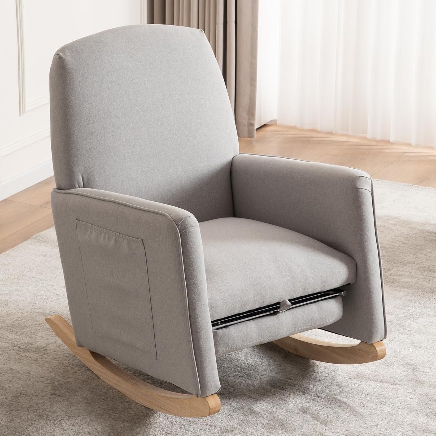 FOXHUNTER Rocking Chair Nursery with Adjustable Footrest and High Backrest, Upholstered Glider Chairs with Side Pockets for Nursery, Rocker Armchair Indoor for Living Room,Beige