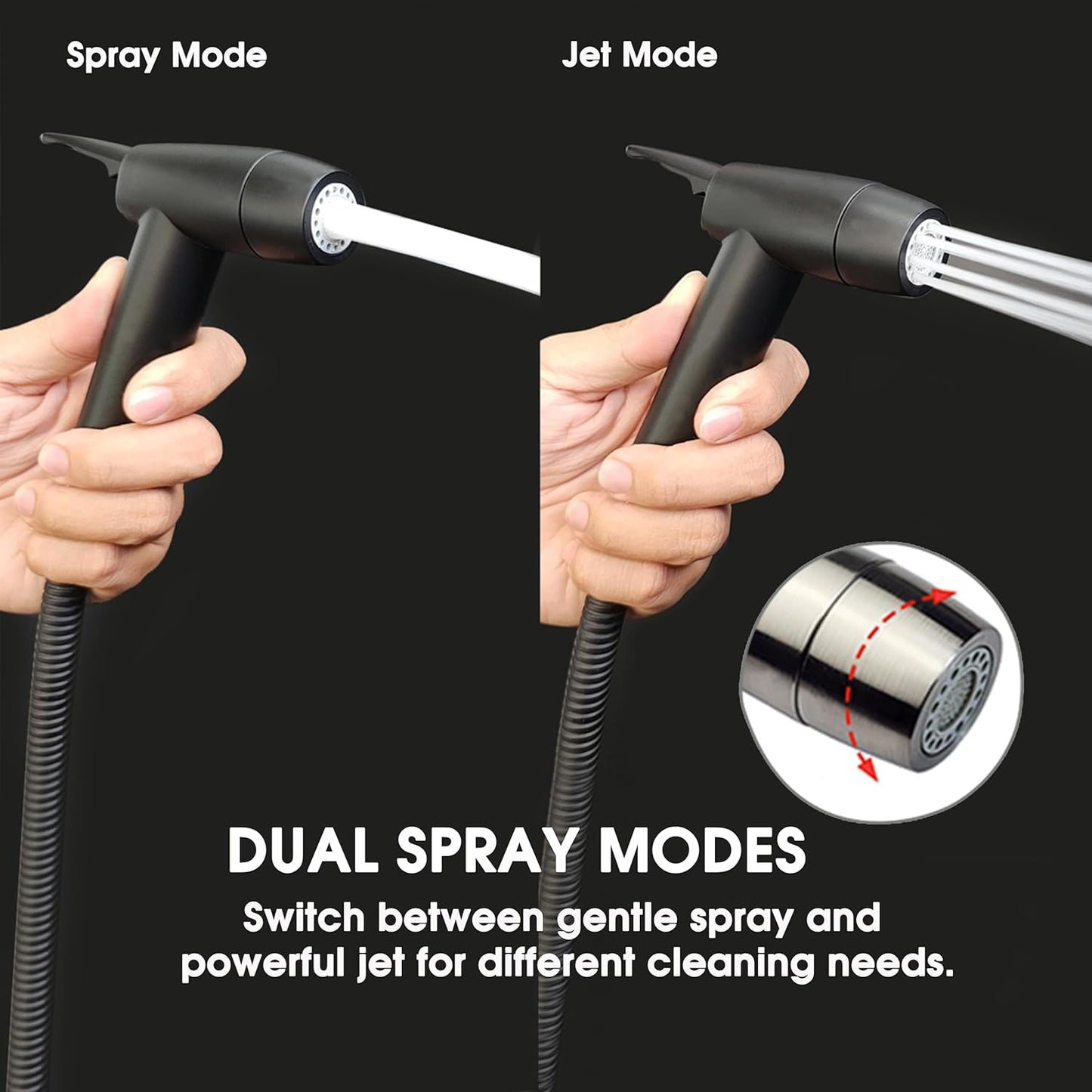 Handheld Bidet Sprayer for Toilet, Dual Spray Modes with Lockable Push Button, High Pressure Bathroom Sprayer, No-Drill Toilet Tank Mount, Stainless Steel Hose Set, Black Finish