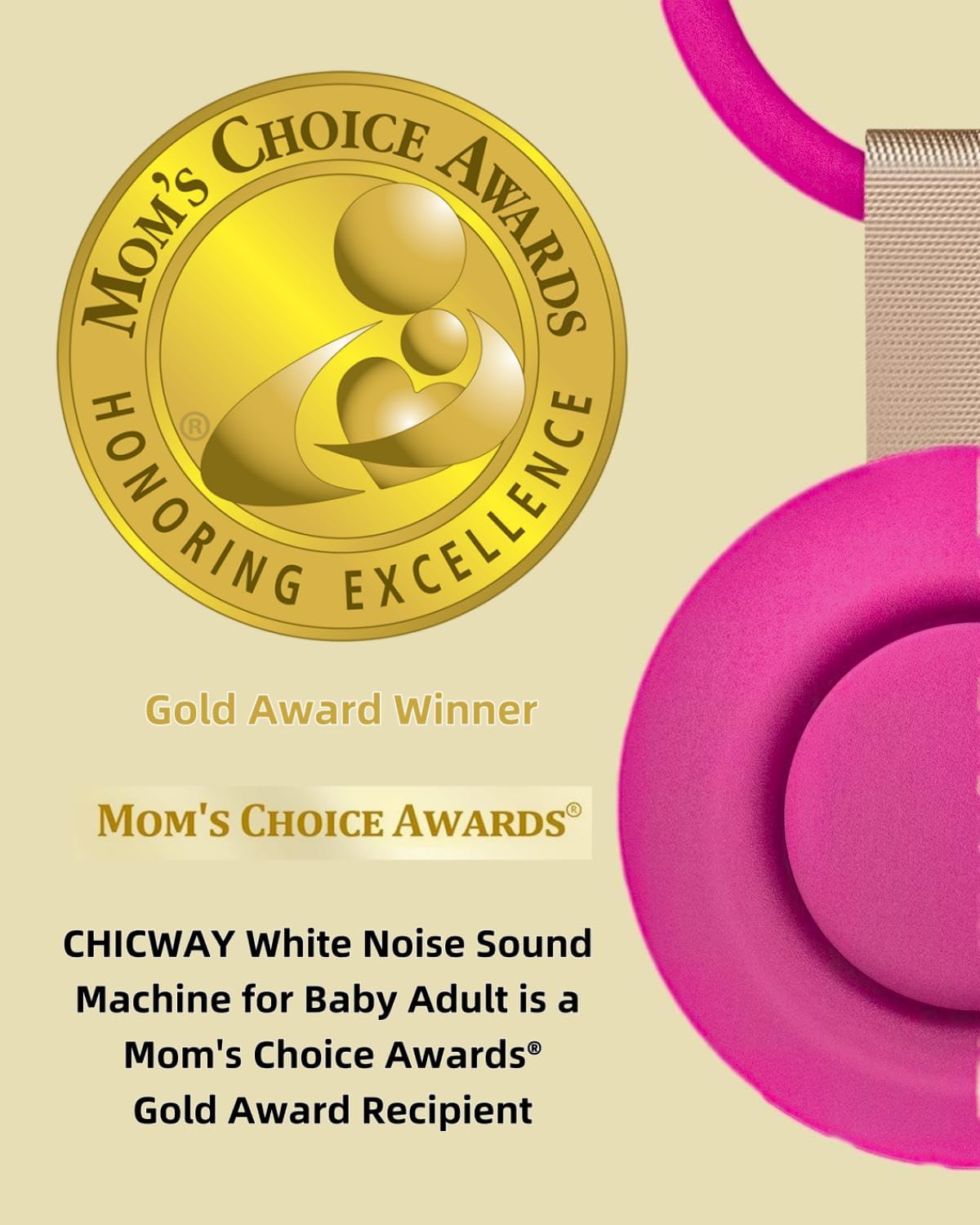 CHICWAY 2026 Mom's Choice Awards, Portable Sound Machine for Baby Adult, AI Cry Detection, 18 Soothing Sound, Bluetooth Rechargeable White Noise Machine for Home Office Travel, Nursery Light, Gray