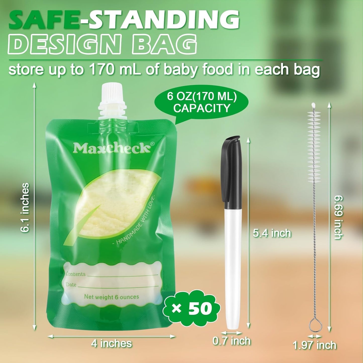 Maxcheck 103 Pcs Refillable Baby Food Pouches Maker Set Include 100 Pcs Portable Fruit Puree Pouch Storage Bags, Baby Food Maker, Pen and Brush for Babies Kids Toddlers