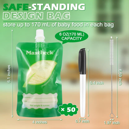 Maxcheck 103 Pcs Refillable Baby Food Pouches Maker Set Include 100 Pcs Portable Fruit Puree Pouch Storage Bags, Baby Food Maker, Pen and Brush for Babies Kids Toddlers
