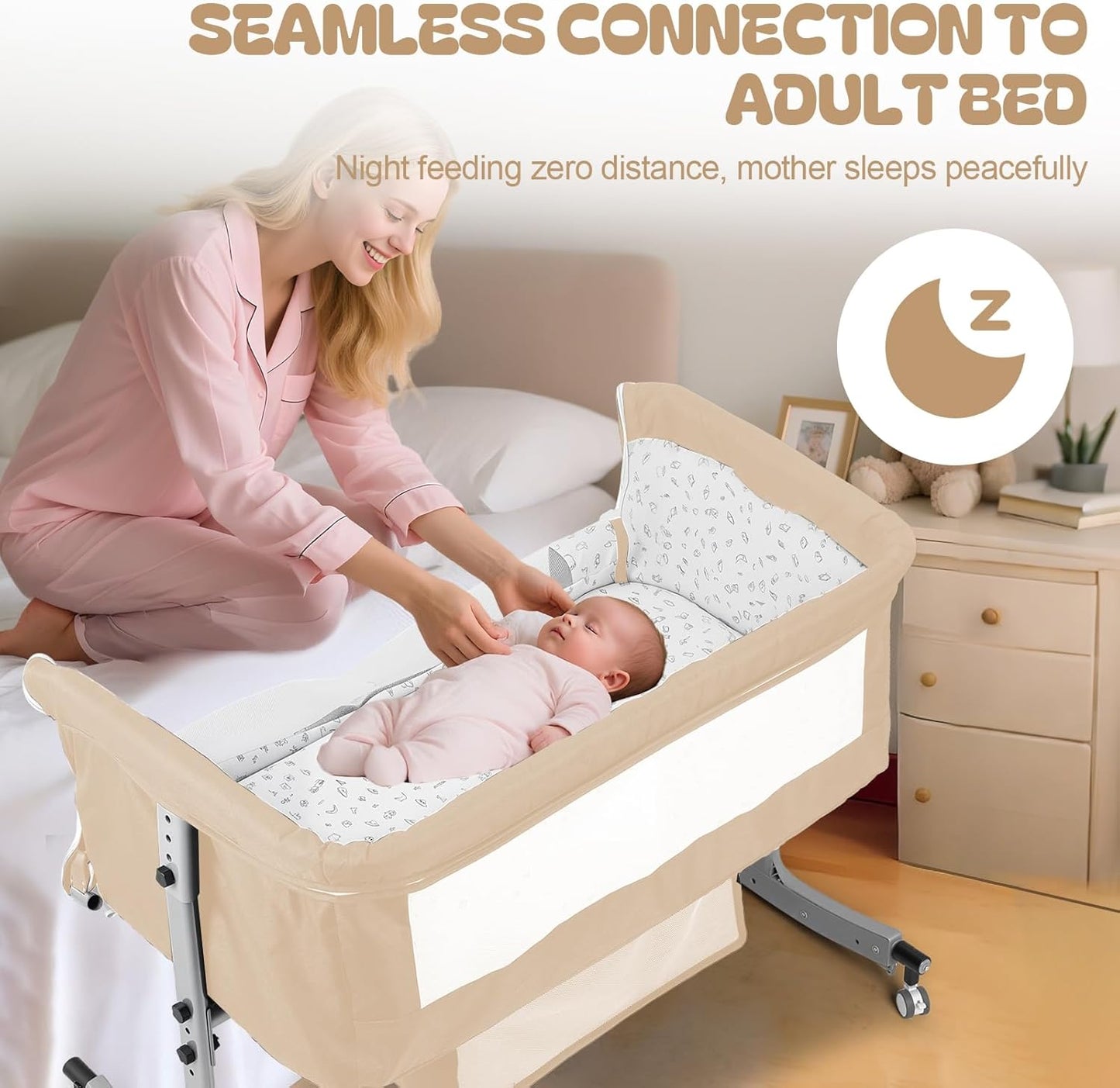 Baby Bedside Sleeper Bassinet with Changing Table, 39.4x23.6in, Portable, 6-Height Adjustable, 4-in-1 Iron Frame, Silent Wheels & Brakes, Breathable Mesh, Grey, for 0-24 Months