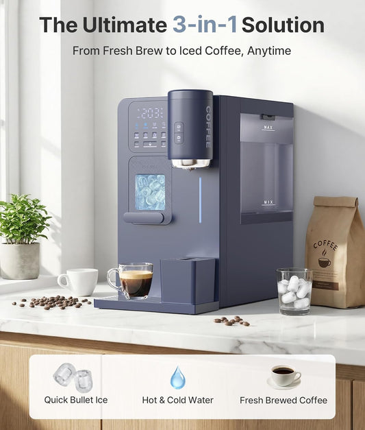 3-in-1 Water Dispenser with Ice Maker – Compact Coffee Brewer, K-Cup® Pod Compatible, Hot/Cold/Warm Water, Adjustable Water Volume, Bullet Ice Ready in 8–12 Minutes, for Home & Office
