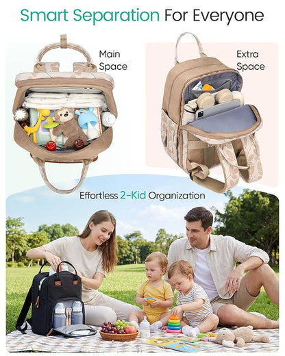 Qualyphant Extra Large Diaper Bag Backpack for Two Kids Twins - Expandable Baby Bag (26-36L), Dual Big Compartments - Includes Changing Pad & Stroller Straps, Unisex Leaf