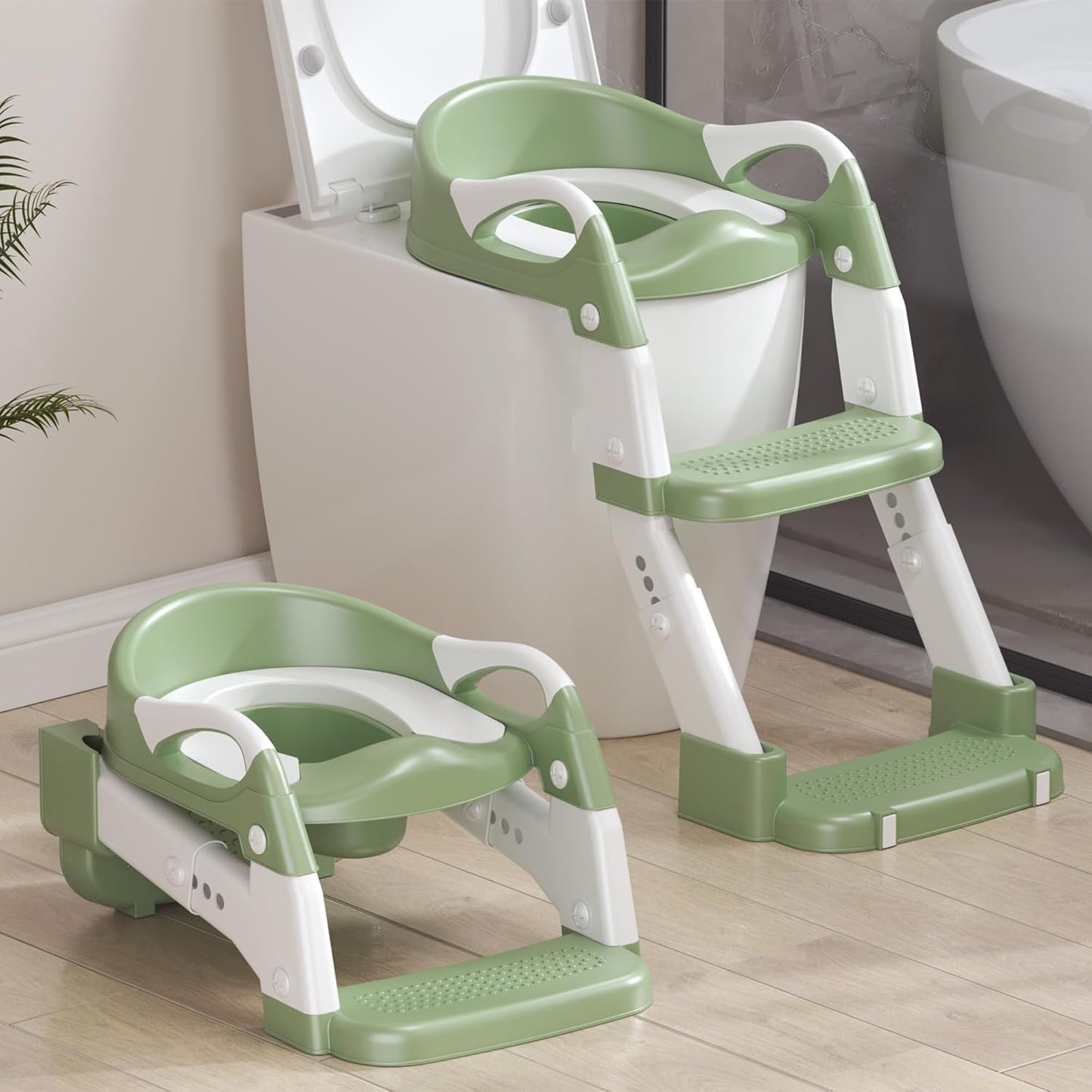 2-in-1 Toddler Potty Training Toilet Seat with Step Stool Ladder – Adjustable Height Potty Chair Urinal for Baby Boys Girls Age 1-3, Foldable Training Potty with Splash Guard & Anti-Slip Feet, Grey