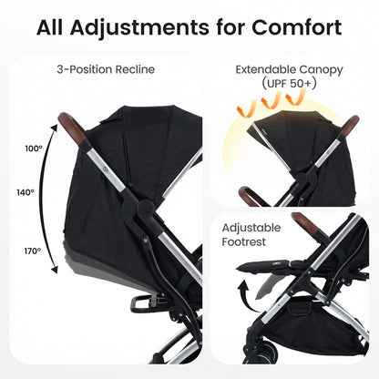 INFANS Travel Stroller, Lightweight Compact Baby Stroller for Airplane with One-Hand Fold, Multi-Position Recline, Canopy, 4 Wheel Suspension, Storage Basket (Grey+Black)