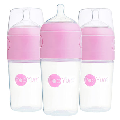 PopYum 9 oz Blue Anti-Colic Formula Making Baby Bottles, 3-Pack with #2 Medium Flow Nipples, 260 ml, BPA-Free, Natural Latch, Mixing, Dispenser