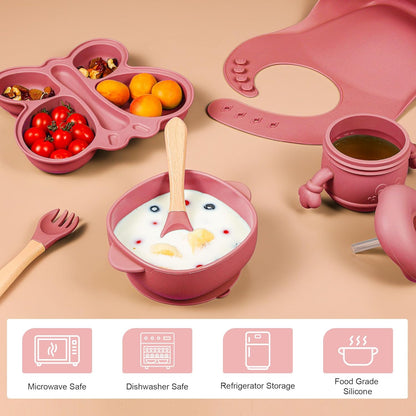 Silicone Baby Feeding Set, Baby Led Weaning Supplies, Baby Food Tableware Silicone Suction Plate, Bowl, Spoons, Fork, Waterproof Bib, Cup & Complementary Food Cake Mold, Baby Eating Utensils