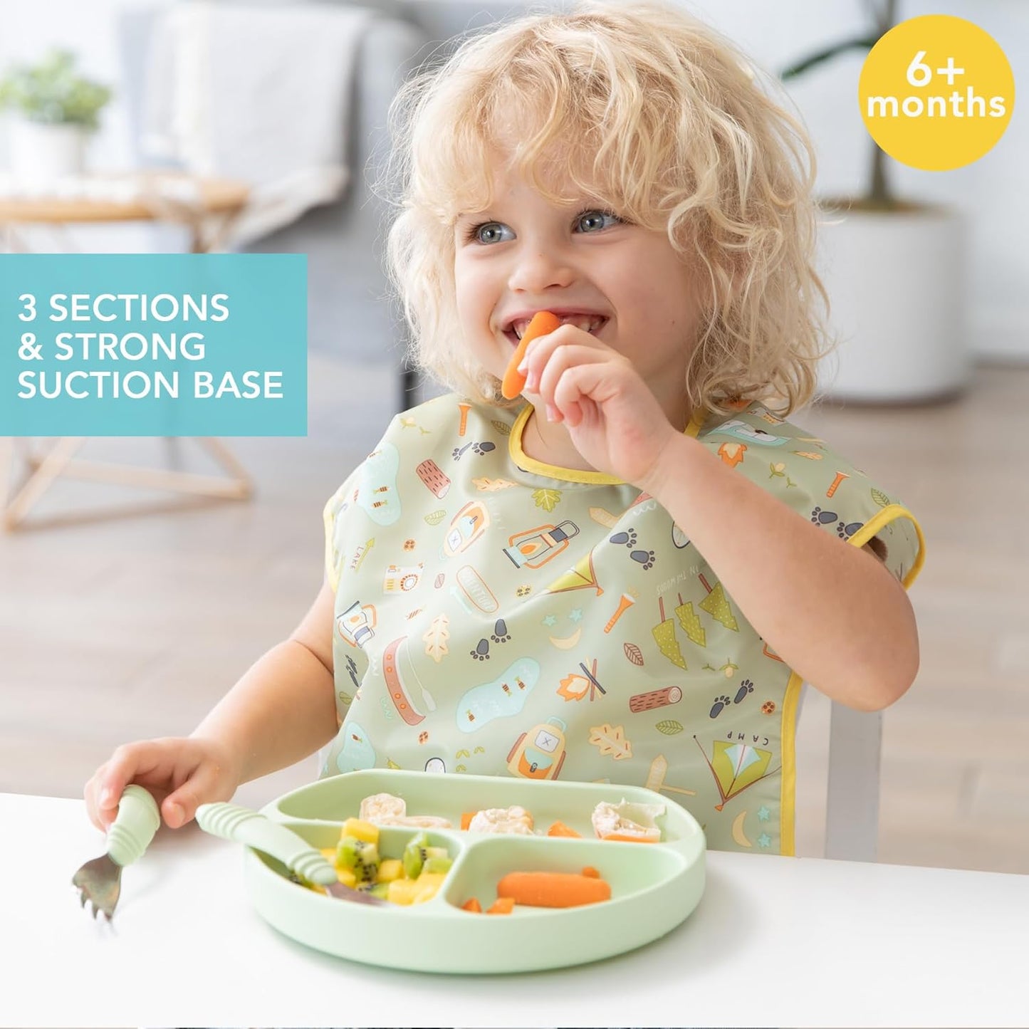 Bumkins Toddler and Baby Suction Plate, Divided Grip Dish for Babies and Kids, Baby Led Weaning, Feeding Supplies, Sticks to Tables and Highchairs, Platinum Silicone, for Chidren 6 Months, Gray