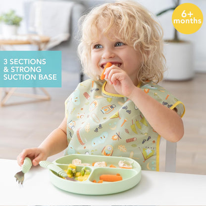 Bumkins Toddler and Baby Suction Plate, Divided Grip Dish for Babies and Kids, Baby Led Weaning, Feeding Supplies, Sticks to Tables and Highchairs, Platinum Silicone, for Chidren 6 Months, Gray