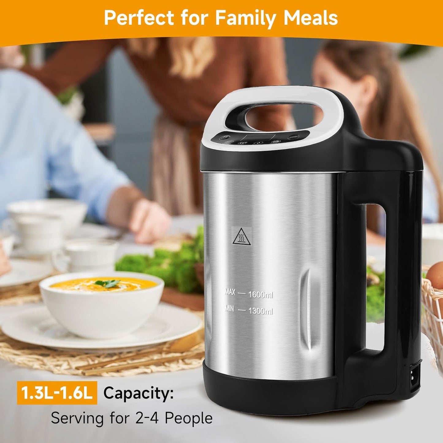 Homtone 1.6L Soup Maker Machine, Stainless Steel Soup Maker Blender with Smooth & Chunky Settings, Anti-Dry Burn, Overfill Sensors, Ideal for Quick Soups, Baby Food