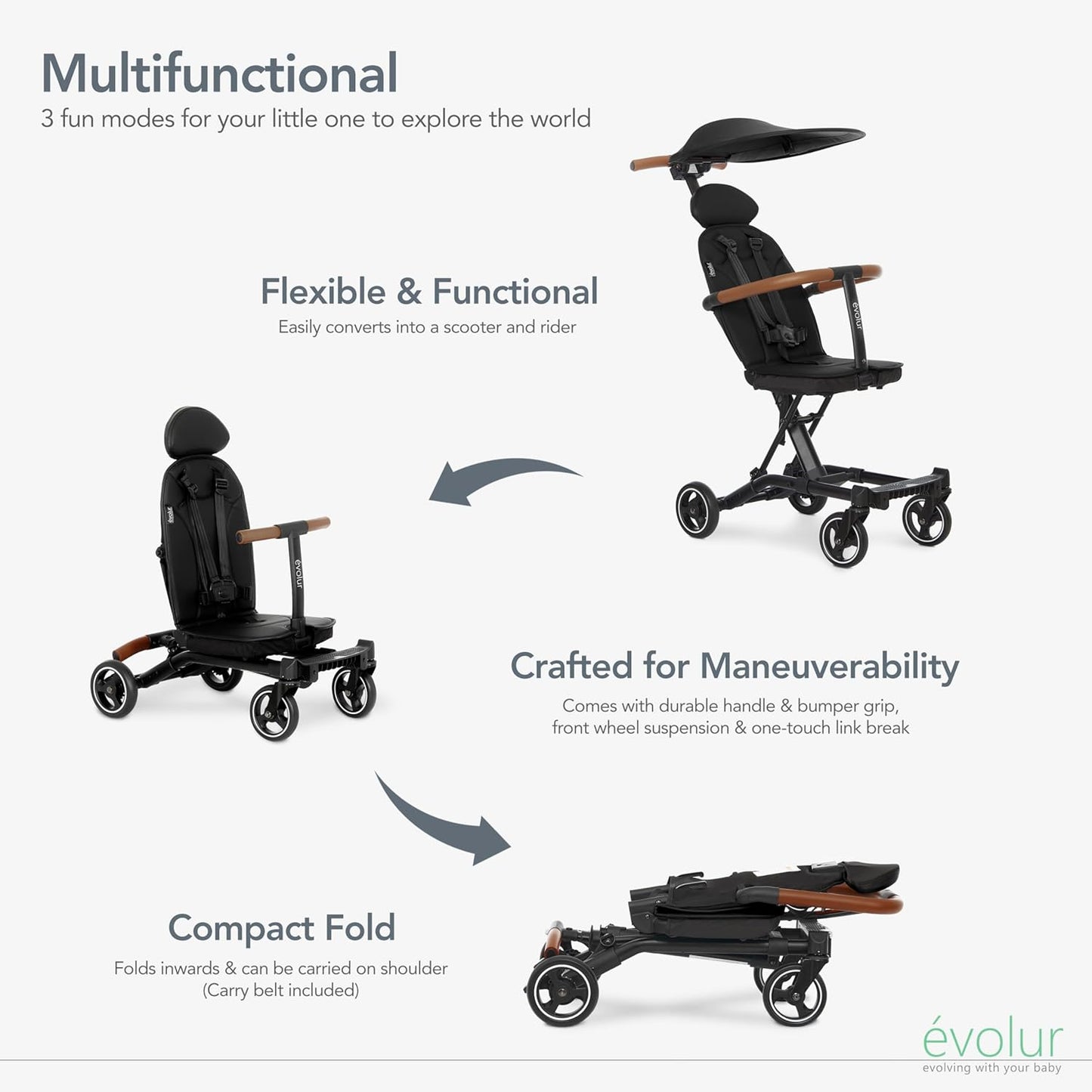Evolur Cruise Rider Stroller with Canopy, Lightweight Umbrella Stroller with Compact Fold, Easy to Carry Travel Stroller - Cognac