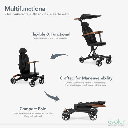 Evolur Cruise Rider Stroller with Canopy, Lightweight Umbrella Stroller with Compact Fold, Easy to Carry Travel Stroller - Cognac