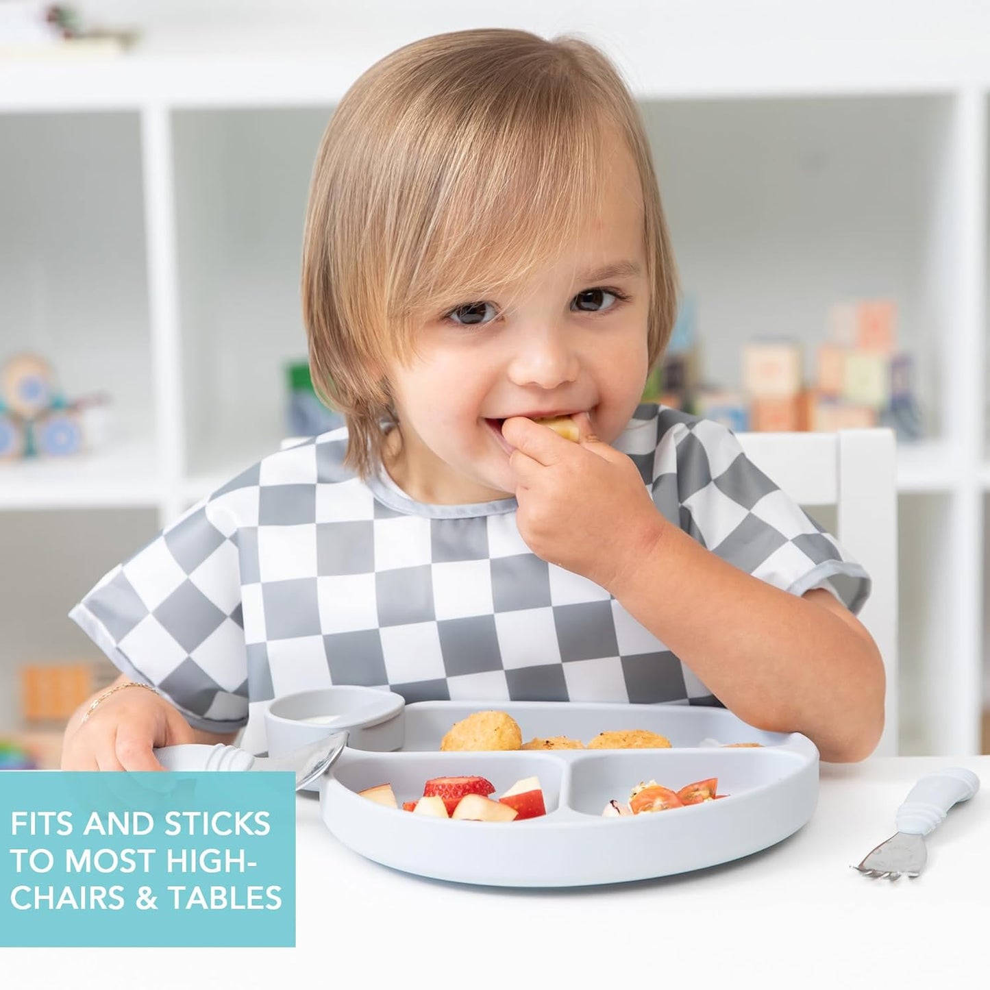 Bumkins Toddler and Baby Suction Plate, Divided Grip Dish for Babies and Kids, Baby Led Weaning, Feeding Supplies, Sticks to Tables and Highchairs, Platinum Silicone, for Chidren 6 Months, Gray