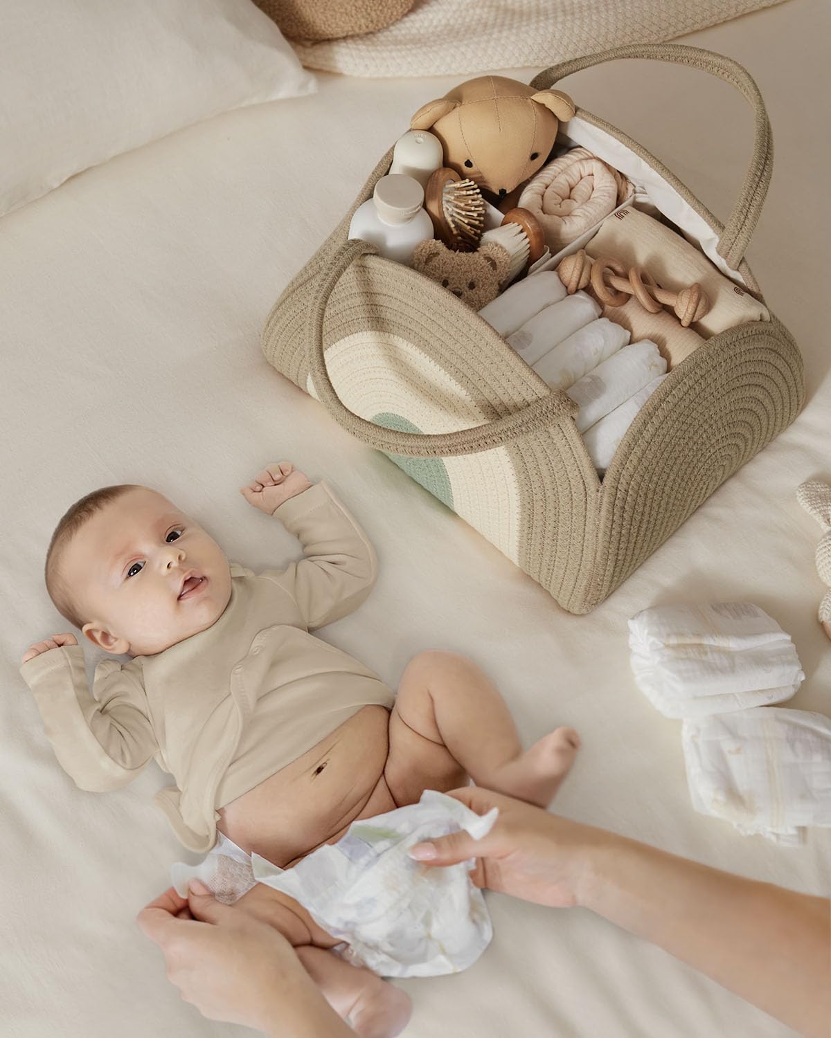 Blissful Diary Baby Diaper Caddy Organizer, Cotton Rope Diaper Caddy Basket, Large Storage Basket for Newborn Boys and Girls, Gift for Baby Shower List, Newborn Essentials, Earthy Rainbow