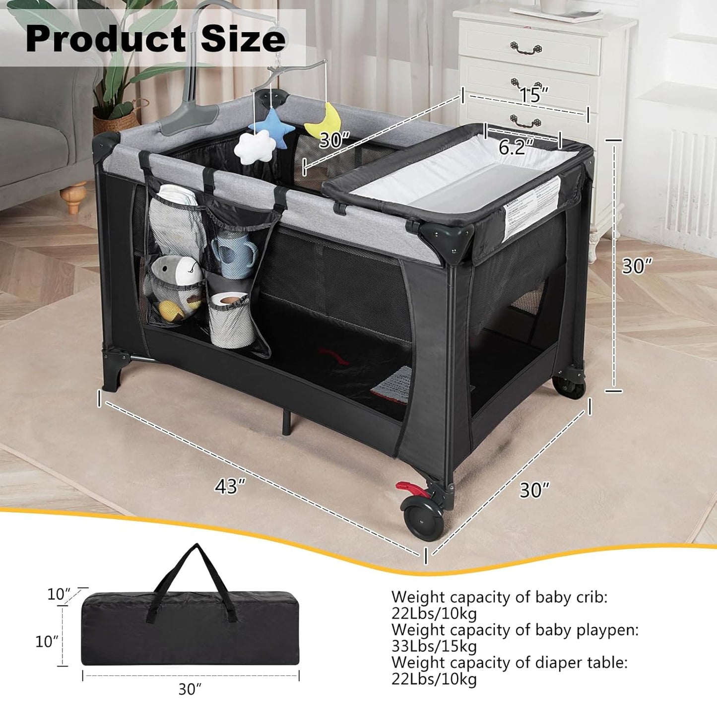 Pack and Play with Changing Table & Carry Bag, 4-in-1 Portable Crib Playpen for Newborn to Toddler, ASTM Certified Foldable Travel Crib with Bassinet(A-Black)