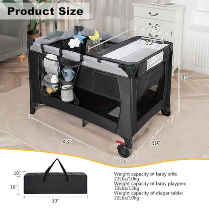 Pack and Play with Changing Table & Carry Bag, 4-in-1 Portable Crib Playpen for Newborn to Toddler, ASTM Certified Foldable Travel Crib with Bassinet(A-Black)