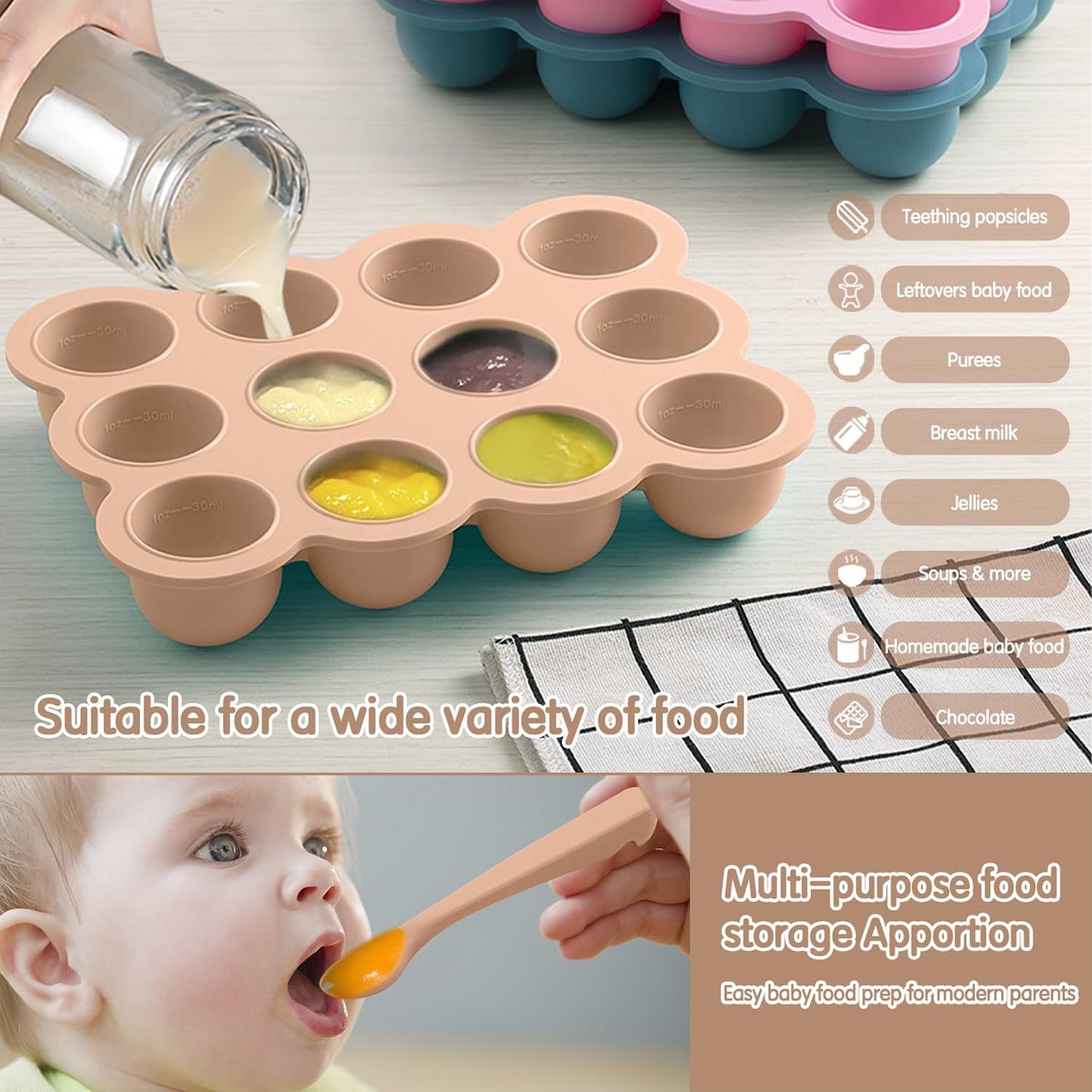 12x1.5oz Baby Food Storage Containers, Baby Food Freezer Tray with Clip Lid Gossamer Pink, Food Grade Silicone Freezer Trays for Purees & Vegetables