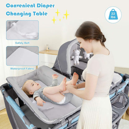 HONEY JOY Pack and Play, 5 in 1 Portable Infant Playpen with Bassinet & Changing Table, Storage Bag, Music Box, Toys, Carry Bag, Nursery Center, Baby Playard Pack n Play Crib for Boys Girls