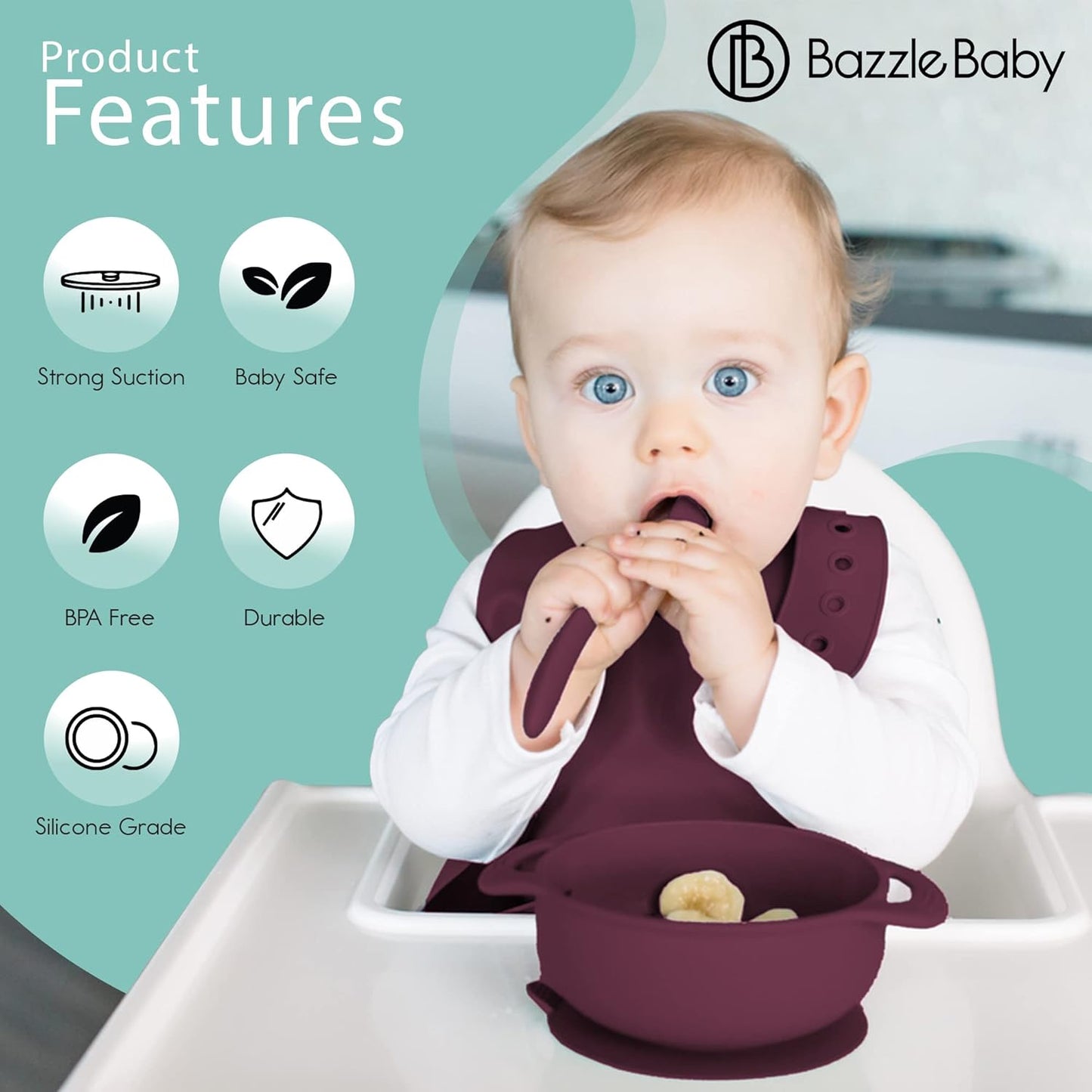 Bazzle Baby Silicone Suction Bowls with Suction Lid and Spoon | 3-piece set | BPA Free Silicone | Perfect for 4-36 Months.