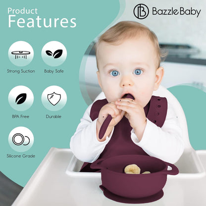 Bazzle Baby Silicone Suction Bowls with Suction Lid and Spoon | 3-piece set | BPA Free Silicone | Perfect for 4-36 Months.
