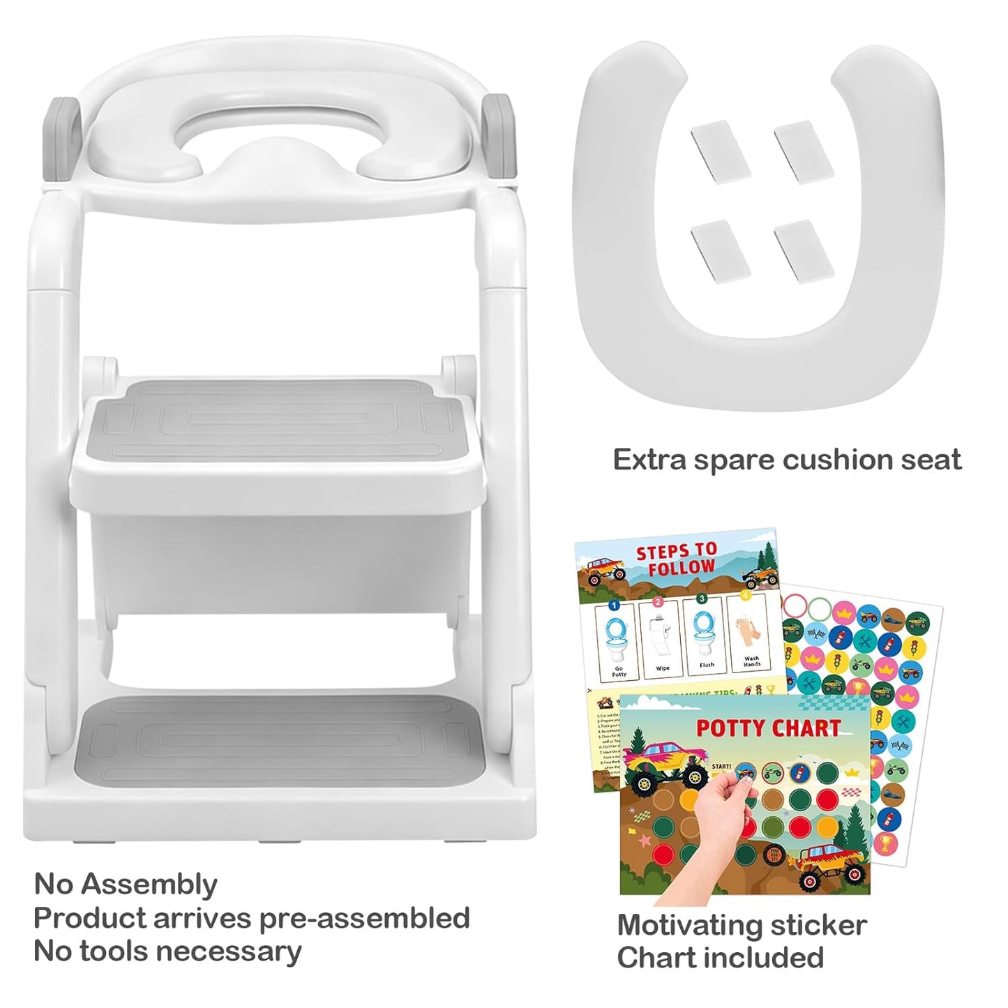 [No Assembly Required] BABY JOYCE Potty Training Seat with Step Stool Ladder, Extra Sturdy Integrated Toddler Toilet Seat for Boys Girls, Anti-Slip Step & Splash Guard, Foldable Potty Ladder (Grey)