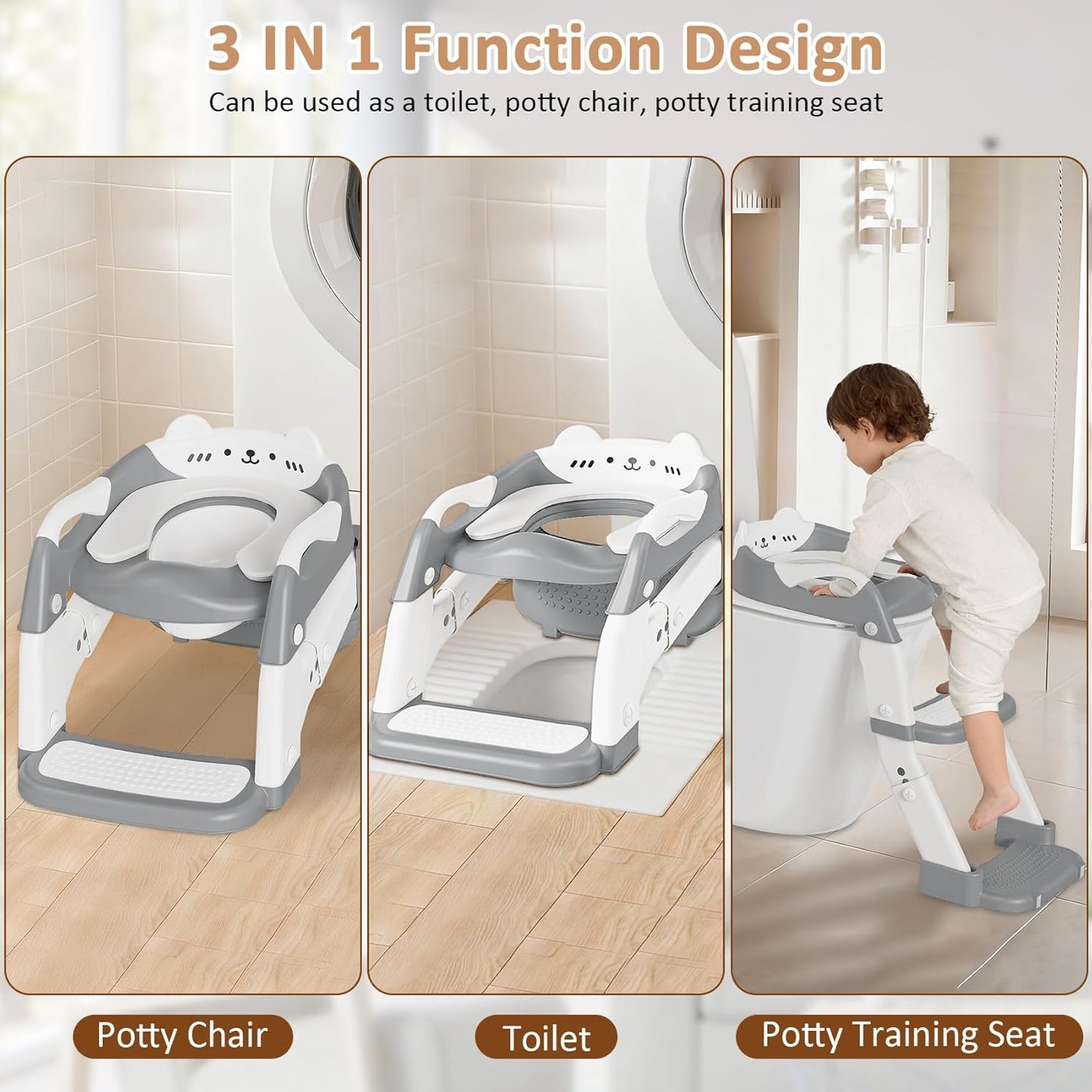 Potty Training Seat with Step Stool Ladder, 3-in-1 Toddler Potty Training Toilet Seat for Boys Girls, Height Adjustable Foldable Toddler Potty with Splash Guard, Non Slip Pad and Safety Handles(Grey)