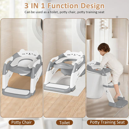 Potty Training Seat with Step Stool Ladder, 3-in-1 Toddler Potty Training Toilet Seat for Boys Girls, Height Adjustable Foldable Toddler Potty with Splash Guard, Non Slip Pad and Safety Handles(Grey)