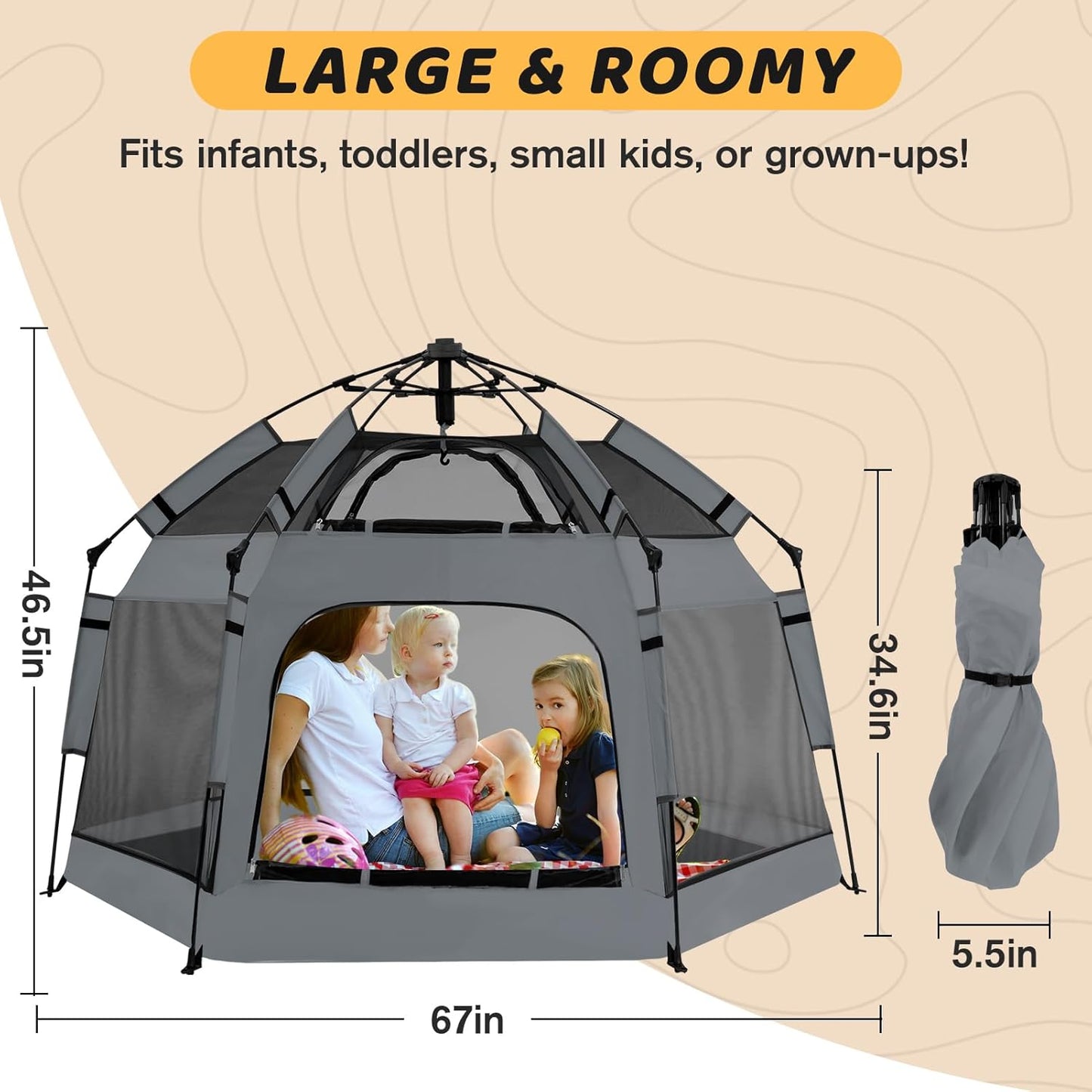 Instant Pop Up Baby Playpen with UV Canopy & Safety Lock, Portable Outdoor Beach Tent Play Yard for Toddlers, Breathable Mesh & Carry Bag, Indoor & Backyard Use (Orange)