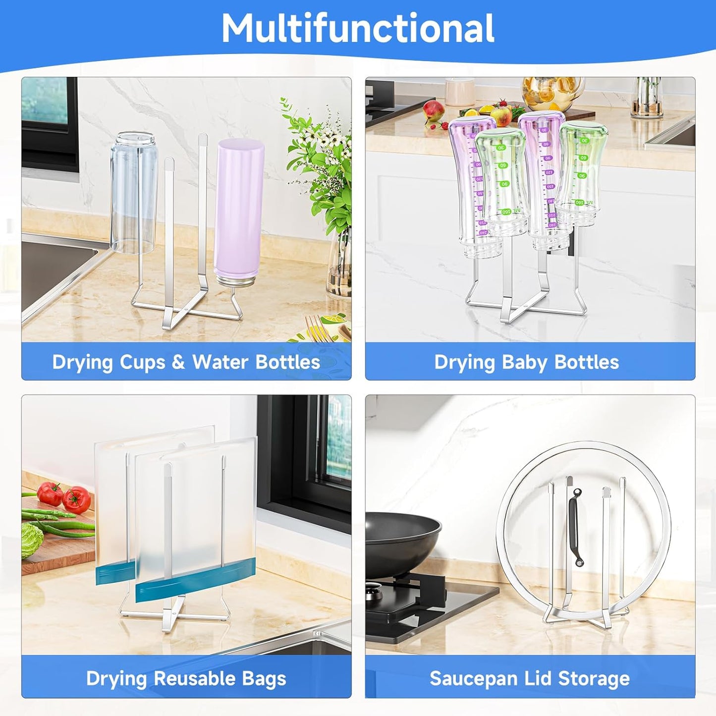 Water Bottle Drying Rack, Foldable Cup Drying Rack for Counter, Stainless Steel Tumbler Dryer Stand, Multifunctional Space-Saving Dryer Racks for Bottles, Baby Bottle, Glass & Plastic Bag (Silver)