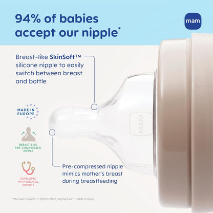 MAM Easy Start Anti-Colic Baby Bottle Starter Set – 4 Self Sterilizing Bottles (5oz & 9oz) + 2 Newborn Pacifiers Breastfed Baby Feeding Gift Set
