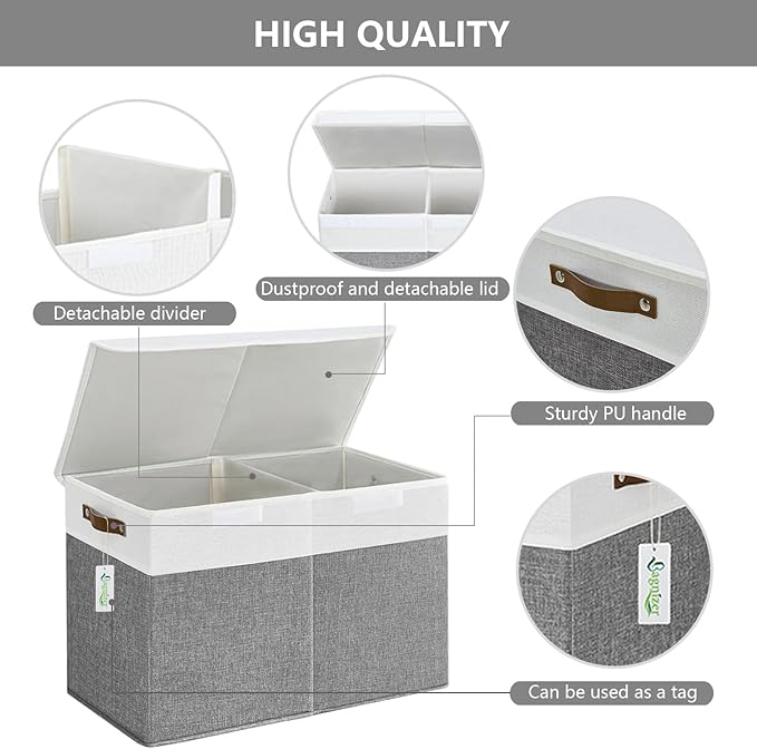 Bagnizer Large Toy Storage Box with Lids, Collapsible Sturdy Baby Storage Organizer Chest Bin Basket for Kids, Boys, Girls, Playroom, Nursery, Bedroom, Closet 25"x13"x16" (Gray and White)