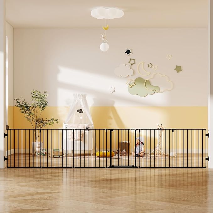 144" Extra Wide Baby Gate with Door, Configurable 6 Panels Baby Fence, Fireplace Gate with Anti-Trip Pedal, Family Essentials Safety Gate for Child Dogs Pets, 28'' Tall Black
