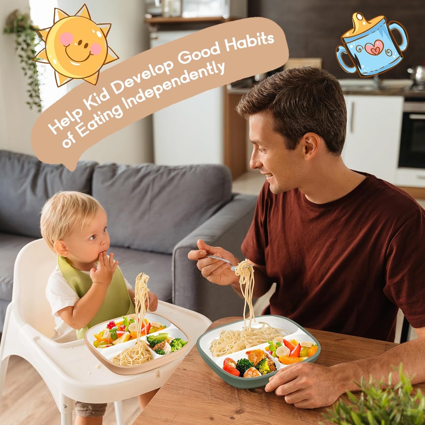 Domensi Kids Porcelain Plates with Silicone Sleeves 8.2 Inch Divided Porcelain Plate Toddler White Suction Dishes for Baby Troubleless Eating Microwave Dishwasher Safe(Stylish,3 Set)