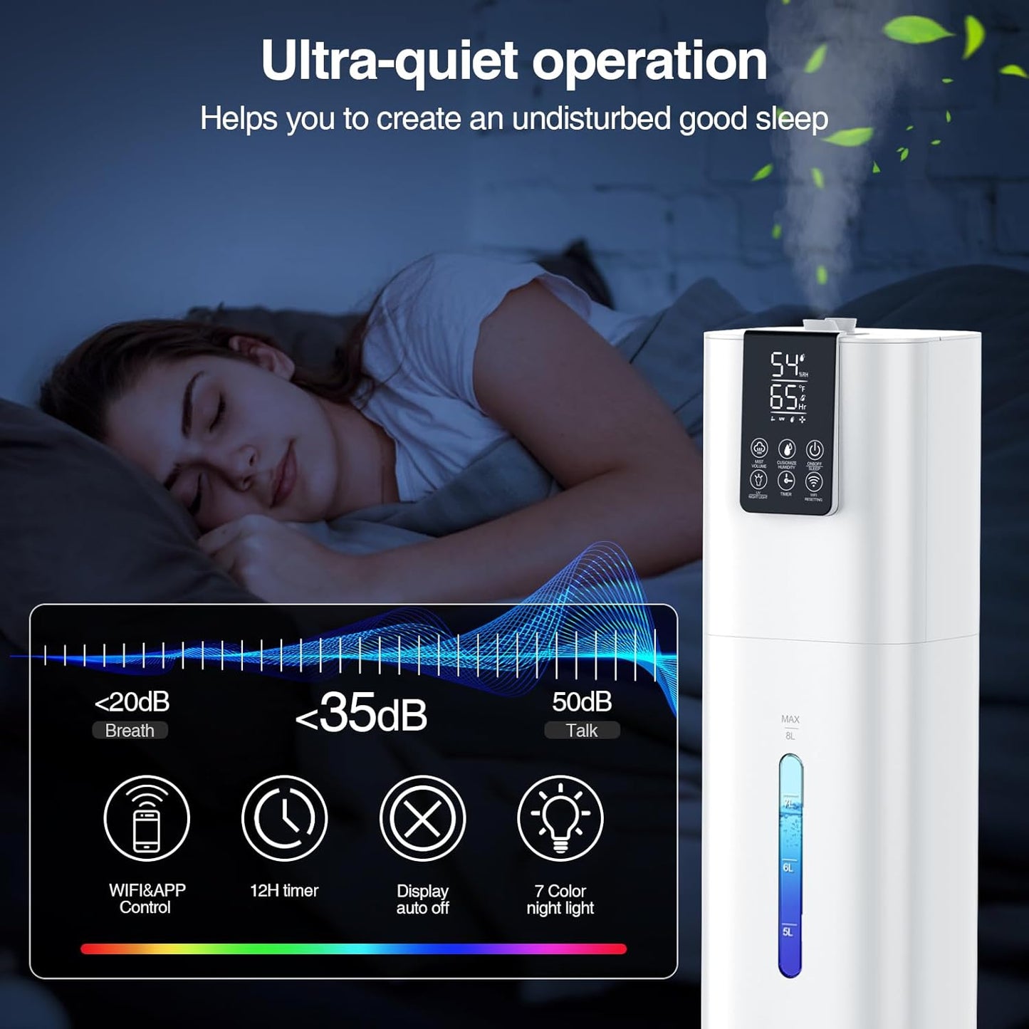 Honovos Smart Humidifiers Large Room Bedroom Home, 2.11Gal(8L) Quiet Top Fill Cool Mist Humidifier, Smart App & Remote Control, 3 Speed Humidifier with 360° Nozzle, Humidity Setting for Baby Office