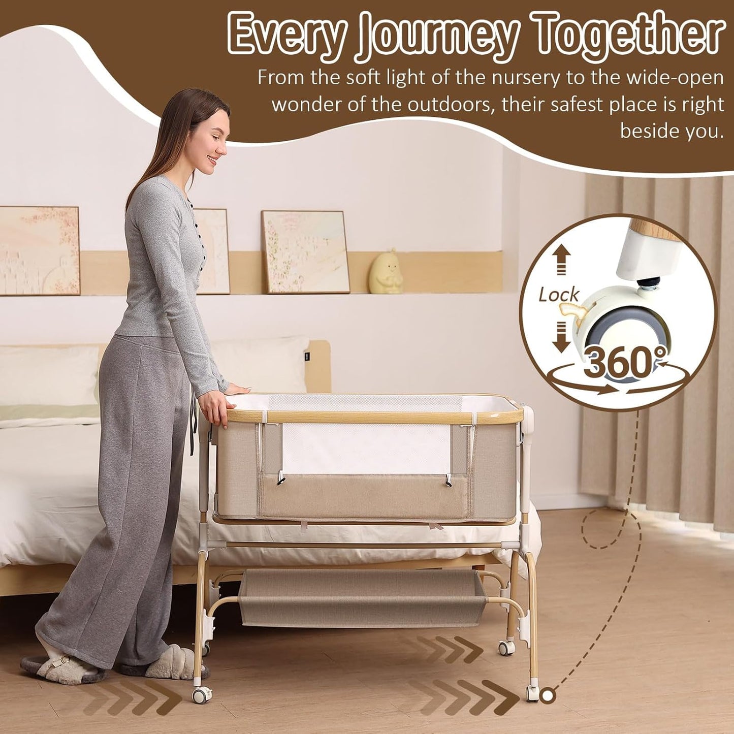 Rocking Baby Bassinet Bedside Sleeper, Detachable Portable Bassinet & Adjustable Crib with 8 Heights, Breathable Mesh, Storage Basket & Mobile Toy for Newborns to Toddlers(Oatmeal)