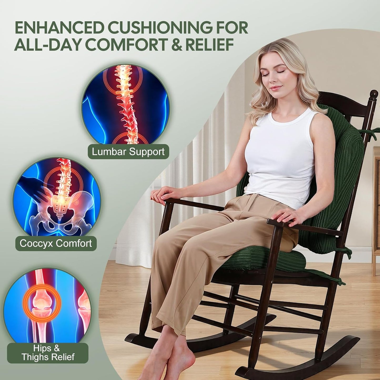 idee-home Wingback Rocking Chair Cushions Indoor, Glider Rocker Replacement Cushions with Removable Corduroy Cover, Wooden Adirondack Chair Pad Non-Slip Bottom Tufted Seat Pads with Ties, Green
