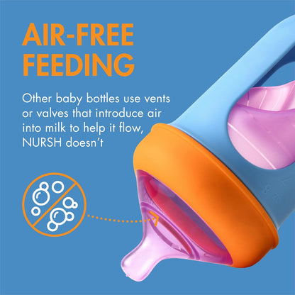 Boon Nursh Reusable Silicone Pouch Baby Bottles - Medium Flow Nipple - Silicone Baby Bottle Pouch and Nipple - Baby Feeding Essentials - Gray - 3-6 Months - 3 Count - 8 Ounce