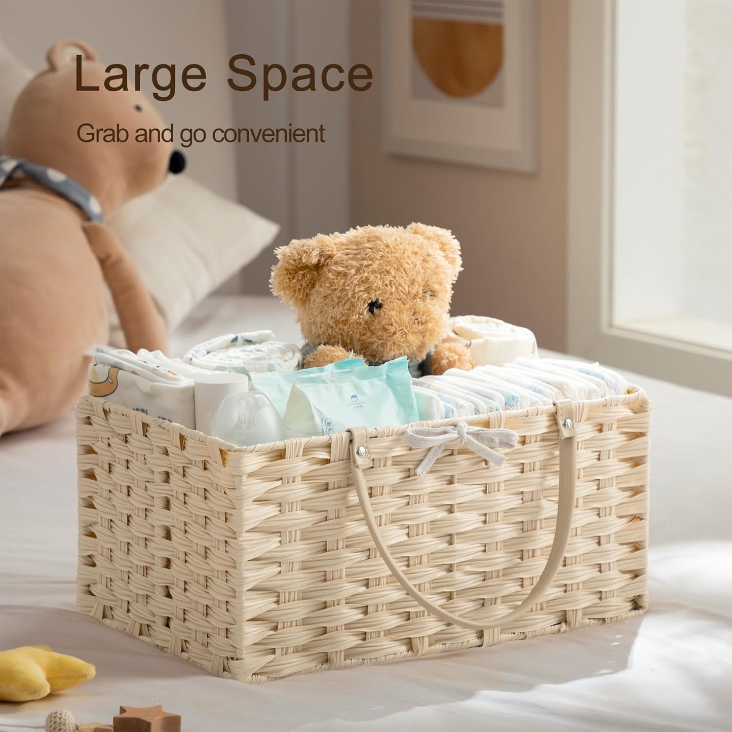 HBlife Large Diaper Caddy Organizer, Washable Waterproof, Portable Plastic Wicker Woven Basket with Divider, Nursery Diaper Station, Baby Shower Gifts Basket & Car Organizer