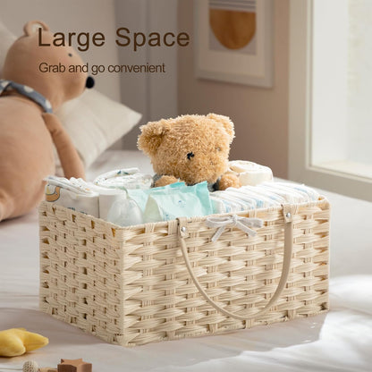 HBlife Large Diaper Caddy Organizer, Washable Waterproof, Portable Plastic Wicker Woven Basket with Divider, Nursery Diaper Station, Baby Shower Gifts Basket & Car Organizer