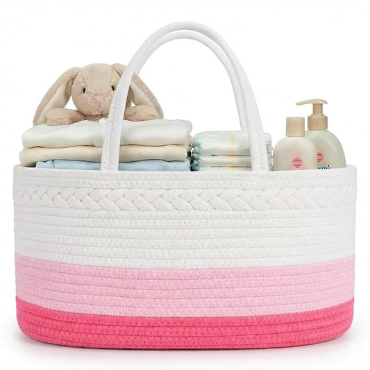 luxury little Diaper Caddy Organizer, Large Cotton Rope Nursery Baby Basket, Changing Table Organizer for Baby Diaper Storage, Portable Car Organizer Removable Divider (Pink, Large)