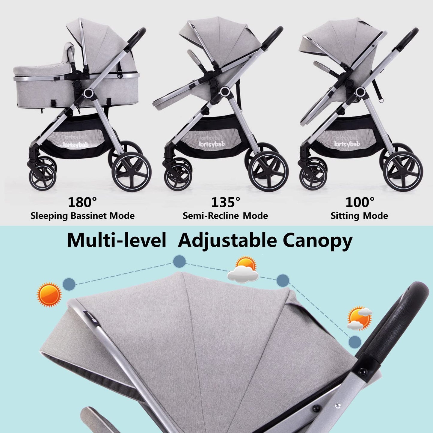 Lortsybab 2-in-1 Baby Stroller - Folding Infant Newborn Pram Stroller with Reversible Seat - Toddler Strollers for 0-36 Months Old Babies (Pink)