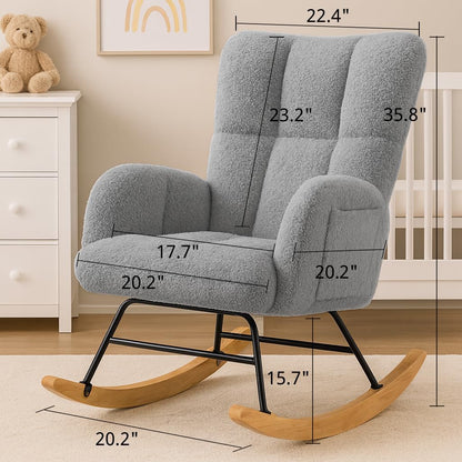 COMHOMA Nursery Rocking Chair with Ottoman,Teddy Glider Rocking Chair,Accent Chair with High Backrest Reading Chair for Adult,Nursery,Bedroom,Living Room,Offices(Beige with Ottoman)