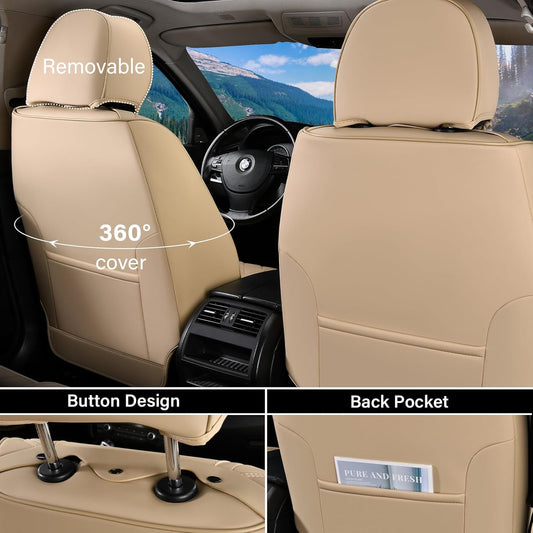 Coverado Leather Seat Covers for Car, Waterproof Car Seat Covers Full Set, 2 in 1 Conversions Car Seat Cover Protector Car Accessories Universal Fit for Most Cars SUVs and Trucks Beige