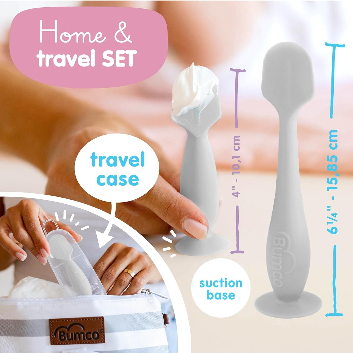 Bumco Baby Bum Brush - BPA-Free Diaper Cream Spatula with Suction Cup Base, Soft & Flexible Silicone, Wipe-Clean, Mom-Invented Diaper Bag Essentials (Gray)