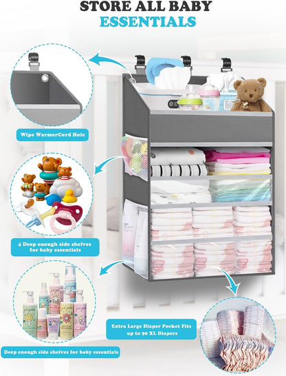 Hanging Diaper Caddy Organizer Crib Organizer–Spacious Baby Girl/Boy Nursery Storage Organizer for Changing Table, Playpen/Wall- Hold 90+ Diaper (Grey)