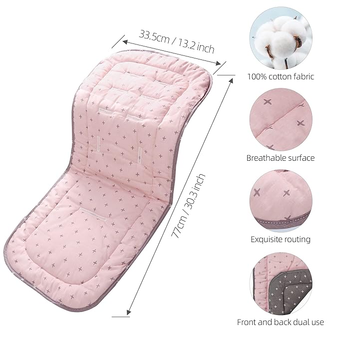 Baby Stroller Cushion,Infant Car Seat Insert-Reversible Universal Breathable and Soft Newborn seat Liner for Stroller,100% Cotton Seat Pad Liner for Newborns-34x78cm,1 Pack(Pink+Grey Cross)