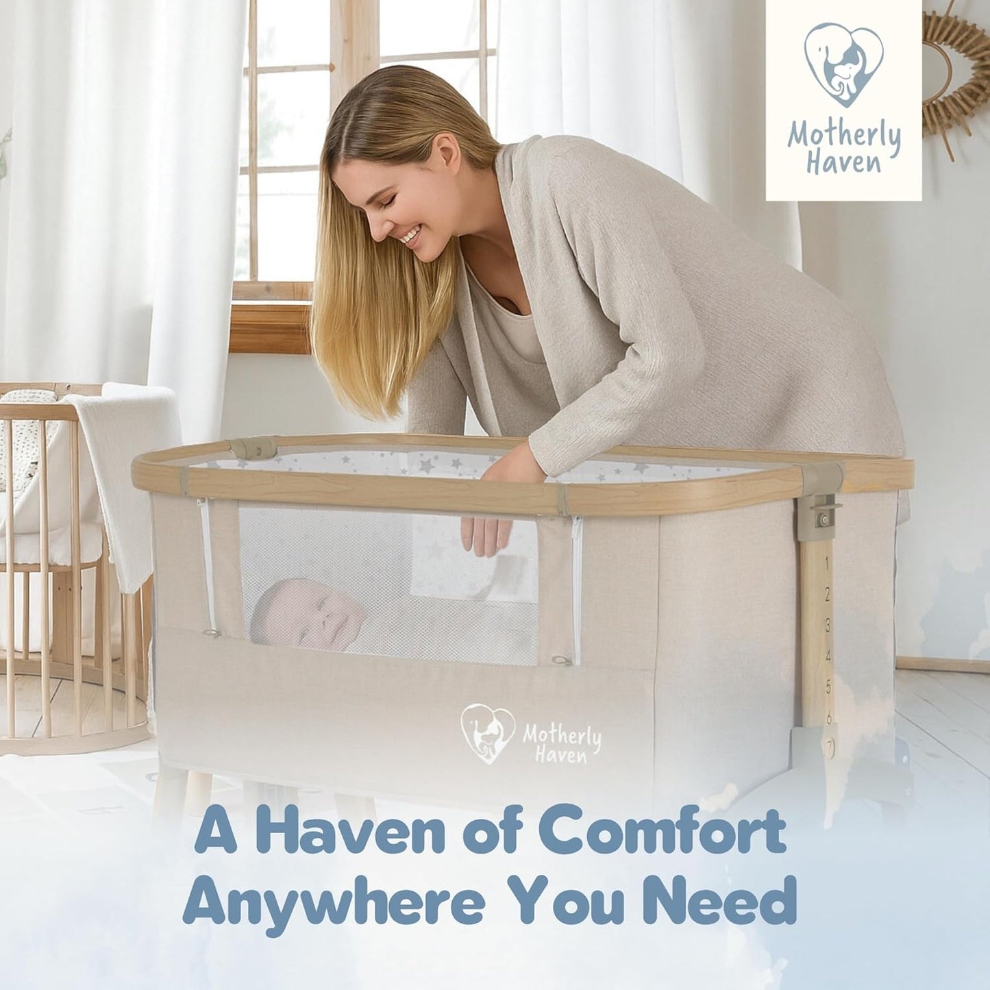 Motherly Haven Baby Bassinet Bedside Sleeper, Portable Crib for Newborns, Adjustable 7-Height Auto-Lock, with Wheels, Soft Mattress & Breathable Mesh (Light Grey)