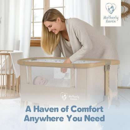 Motherly Haven Baby Bassinet Bedside Sleeper, Portable Crib for Newborns, Adjustable 7-Height Auto-Lock, with Wheels, Soft Mattress & Breathable Mesh (Light Grey)